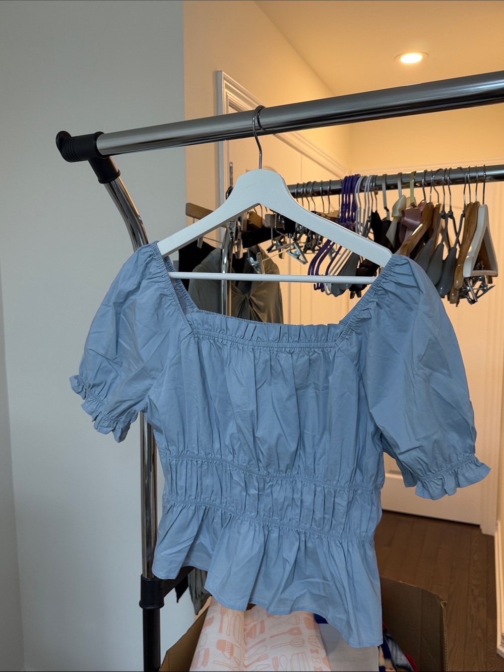 Light Blue Puff Sleeve Smocked Waist Top